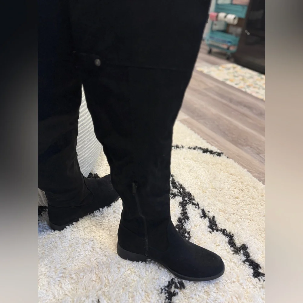 Sun + Stone Black Over The Knee Boots Size 8 Tall Faux Suede Flat Riding Boots - Picture 9 of 10